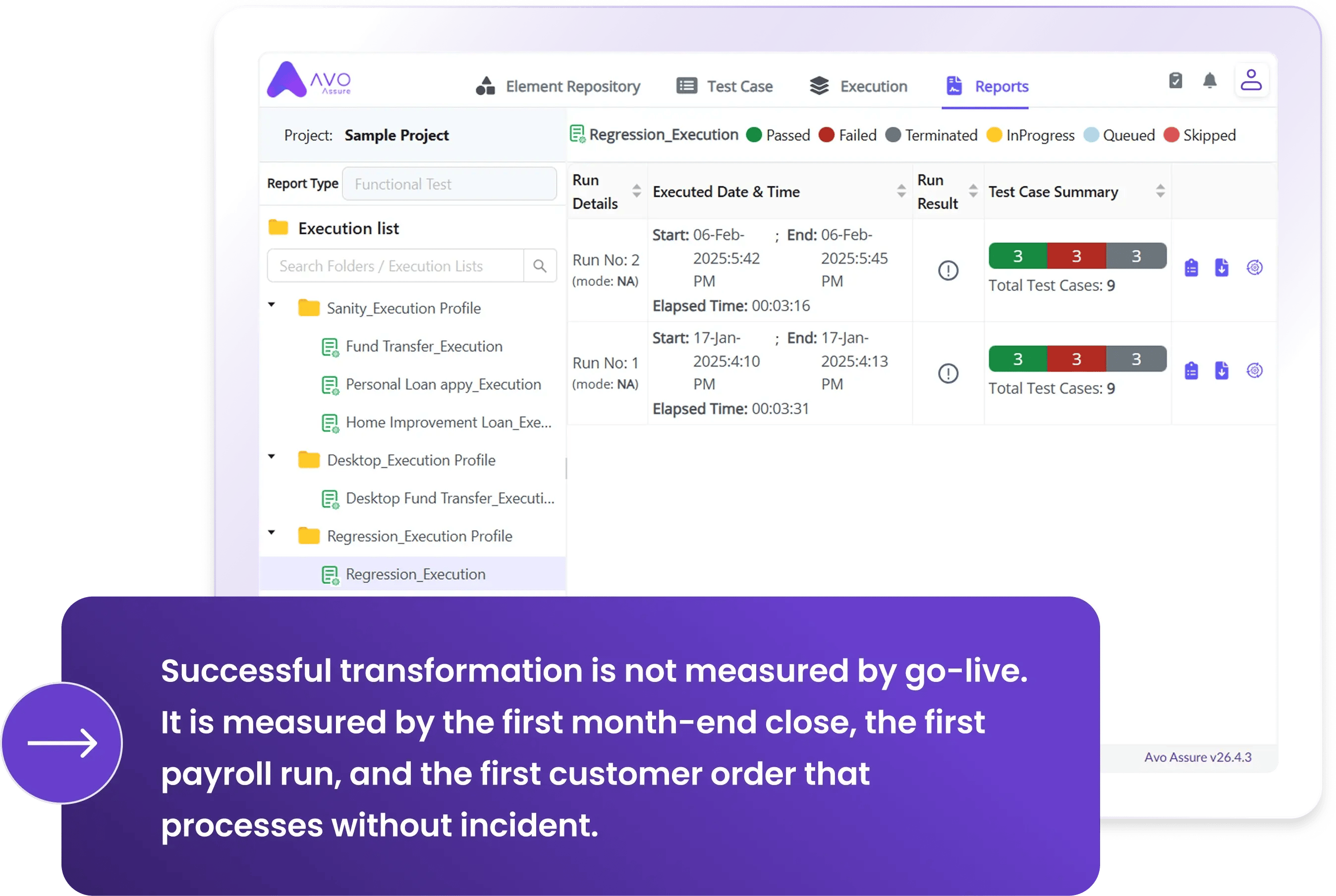 Avo Assure no-code test automation reporting regression execution results with test case passfail summary for enterprise business processes.