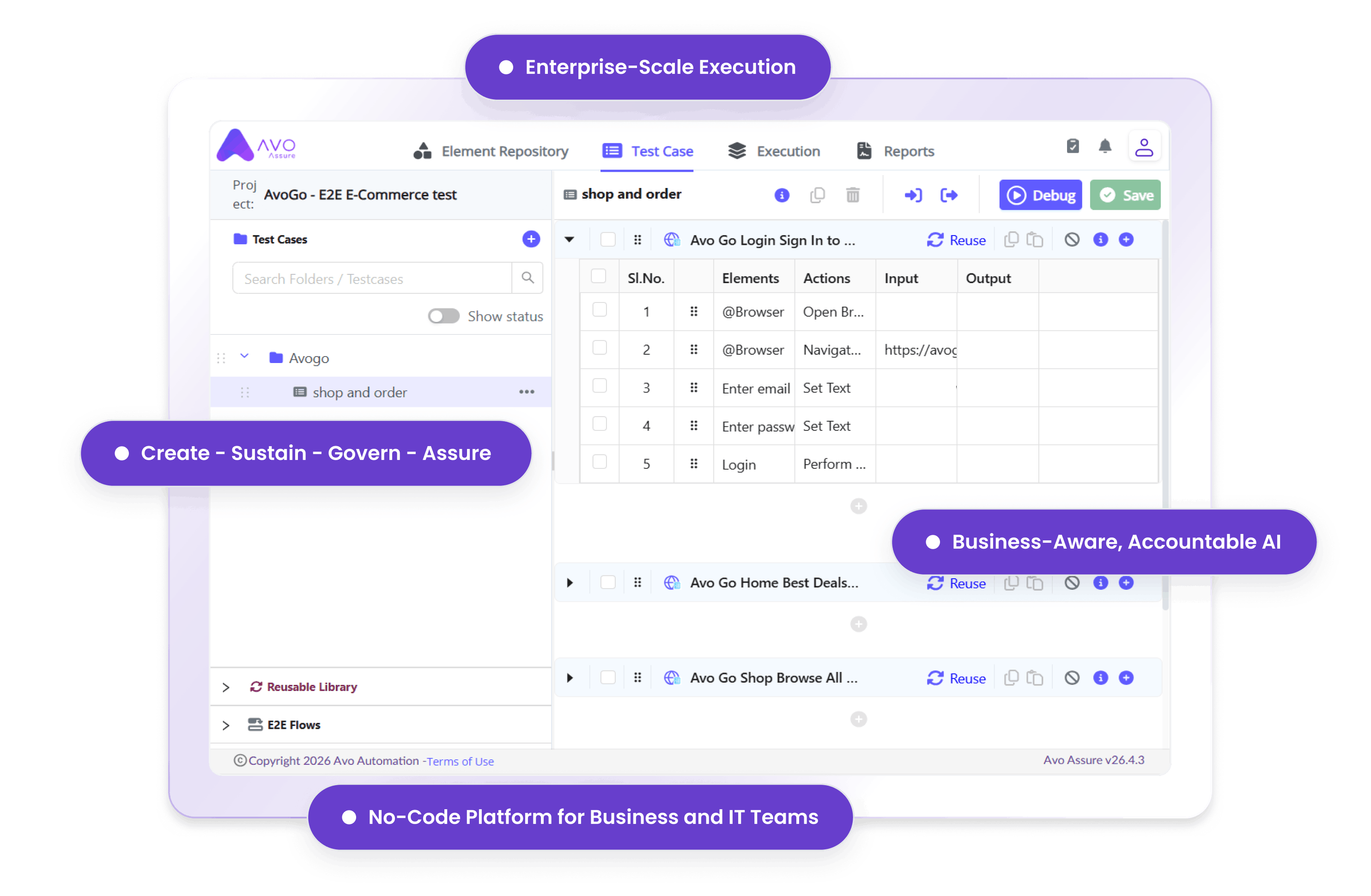 Avo Assure screenshot showing - Enterprise-Scale Execution, No-code capabilities.